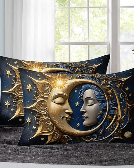 AILONEN Sun and Moon Comforter Set Queen Size, Boho Exotic Style Bedding Sets for Boys Girls Adult,Blue Gold Bohemian Mandala Decor Comforter 3 Pieces, Bohemian Celestial Comforter with 2 Pillowcases