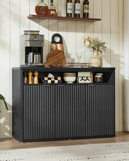 LEYAOYAO Fluted Buffet Cabinet with Storage, 45" Wide Wood Sideboard Credenza with 3 Doors & Open Storage Shelf, Modern Kitchen Console Accent Cabinets, Coffee Bar Table for Dining Room, Black Oak