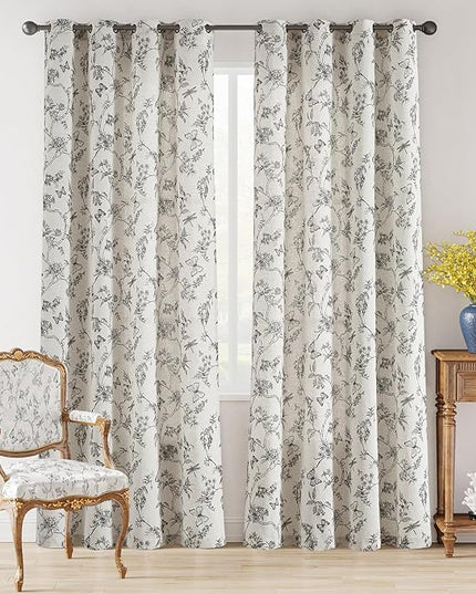 Lazzzy Black Floral Linen Farmhouse Curtains 84 Inch Length Drapes for Living Room Bedroom Pattern Light Filtering Country Vintage Curtain Grommet Top, 2 Panels, Black on Beige