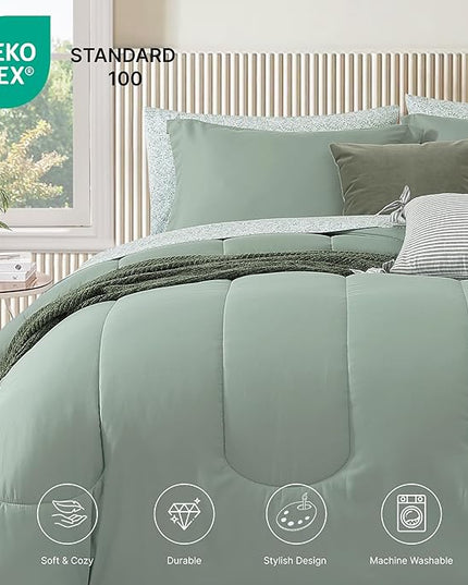 Monbix Queen Comforter Set - 7 Pieces Sage Green Bed in a Bag Queen Track Stitching Bedding Sets, All Seasons Comforter Bed Set with Sheets, Pillowcases & Shams