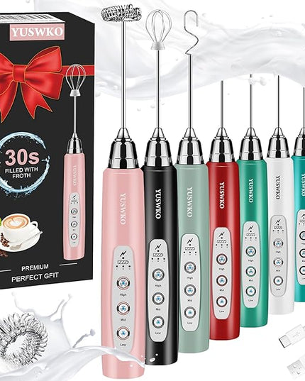 YUSWKO Milk Frother Handheld for Coffee, Rechargeable Drink Mixer with 3 Heads 3 Speeds Electric Coffee Frother Whisk, Gift for Many Occasions and Festival