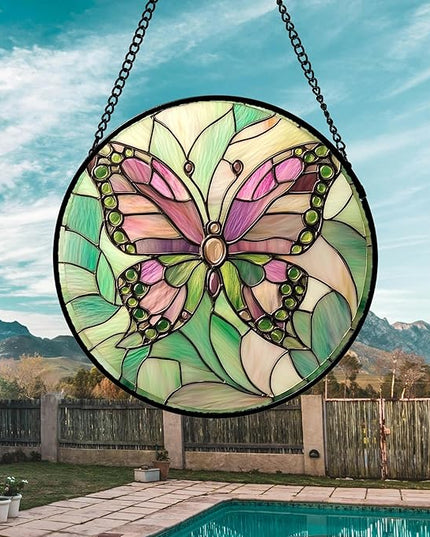Stained Glass Window Hanging 4 Pcs Set Pink Green Insect Theme Large 15" - Butterfly Suncatcher Door Garden Sun Catcher Decor Birthday Christmas for Mom Woman Nana Men