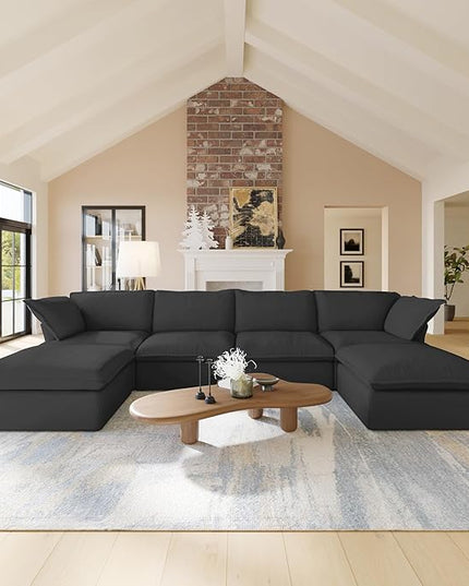 JACH U Shape Sectional Couches for Living Room, 6-Seat Modern Comfy Couch, Convertible Sectional Sofa, Sectional Sofas with Chaise Ottomans for Living Room Bedroom Office Apartment (Black)