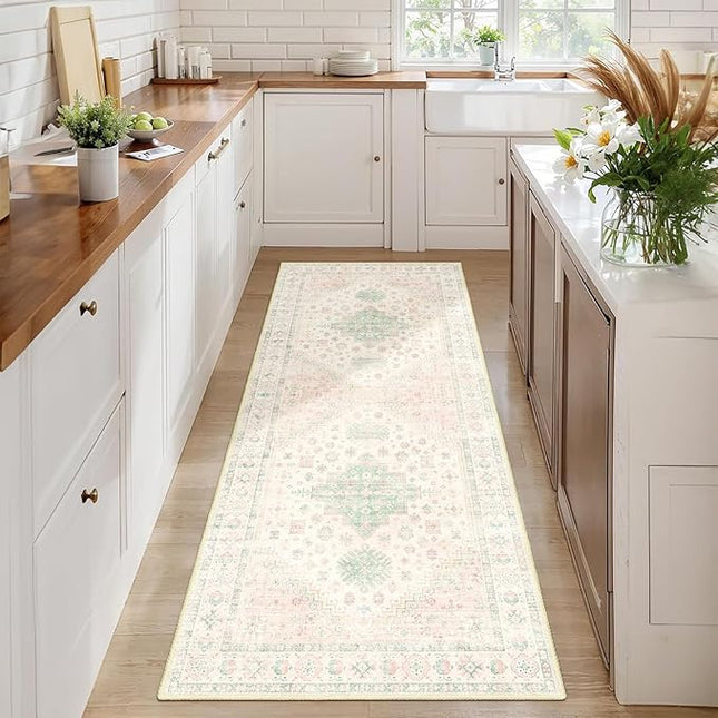 MUJOO Washable Runner Rug,2x6 Runners for Kitchen Bathroom Hallway Bedroom Entryway Laundry,Non Slip Long Mat Indoor,Boho Throw Carpet Low Pile Light Pink and Green