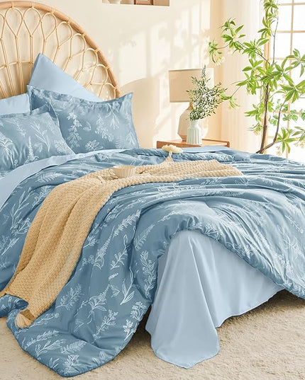 MUXHOMO Blue Bed in a Bag Queen 7 Pieces, Queen Comforter Set Reversible Botanical Flowers Design, Ultra Soft & Breathable Bedding Sets with Comforter, Sheets, Pillowcases & Shams