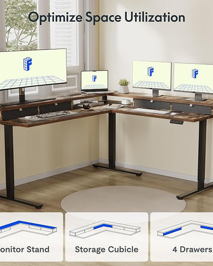 FLEXISPOT 71'' L Shaped Standing Desk Electric Corner Table with Shelf, 4 Storage Drawers, Adjustable Computer Workstation for Home, Office, Game, Studio, Rustic Brown Top + Black Frame