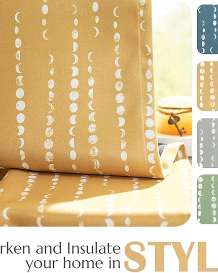 jinchan 95% Blackout Boho Curtains 96 Inches Long Mustard Moon Phases Printed Drapes Rod Pocket Thermal Insulated Curtains for Bedroom Nursery Yellow Window Drapes Curtain Set 2 Panels
