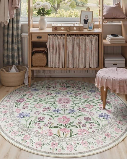 Wonnitar Floral Washable Round Rugs 6ft, Purple Circle Rugs for Bedroom Girls Dorm, Ultra-Thin Non Slip Boho Carpet for Nursery Girls Room Decor Living Room Playroom, Light Purple/Pink