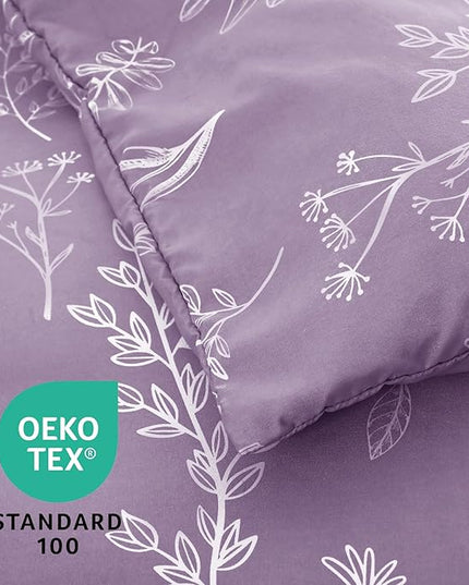 MUXHOMO Grayish Purple Bed in a Bag Queen 7 Pieces, Queen Comforter Set Reversible Botanical Flowers Design, Ultra Soft & Breathable Bedding Sets with Comforter, Sheets, Pillowcases & Shams