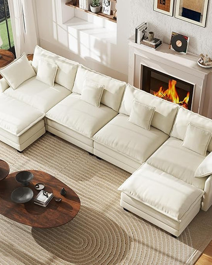 WorthFurni 146” Oversized Modular Sectional Sofa, U Shaped Cloud Couch Set, 4-Seater Comfy Chenille Couches with 2 Movable Ottomans, DIY Combination for Living Room （Beige）