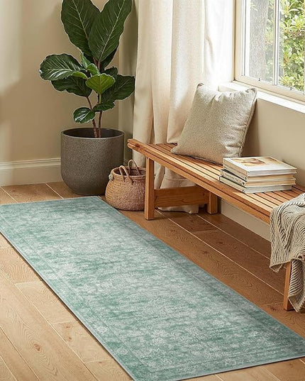 jinchan Runner Rug 2x5 Green Kitchen Rug Hallway Runner - Machine Washable Vintage Floral Non-Slip Low Pile Soft Ultra-Thin Distressed Carpet for Entryway Farmhouse Bedroom Laundry Room (2’x5’, Green)