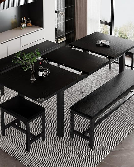 iPormis 5-Piece Dining Table Set for 4-8 People, Extendable Kitchen Table Set with 2 Benches and 2 Square Stools, Mid-Century Dining Room Table with Metal Frame & MDF Board, Saving Space, Black