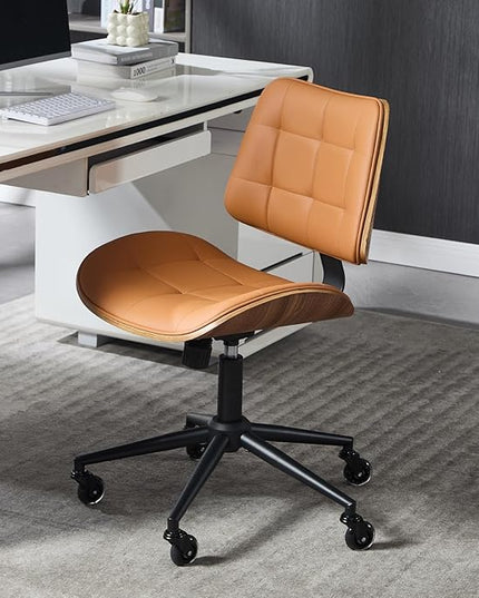 Home Office Desk Chair with Wheels, Adjustable Height Armless Office Chair, PU Leather Mid Back 360° Small Computer Chair, Modern Walnut Chair No Arms for Office, Reading Meeting Room(Brown)