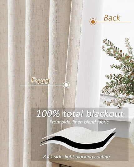 Guken Beige Cream Linen Blackout Curtains 86 Inch Length 2 Panels Set for Living Room Bedroom Back Tab Thermal Insulated 100% Black Out Linen Drapes Room Darkening Window Curtains 86 Inches Long