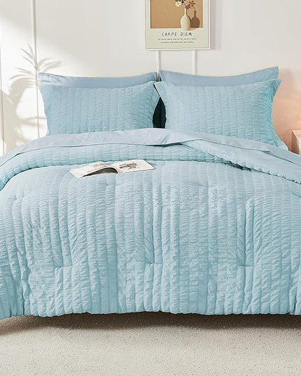 HYMOKEGE Lake Blue California King Comforter Set Seersucker 7 Pieces, All Season Luxury Bed in a Bag for Bedroom, Bedding Set with Comforters, Sheets, Pillowcases & Shams