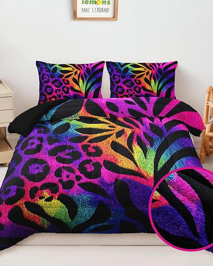 AILONEN Rainbow Leopard Print Comforter Set Full Size,Tropical Leaves Print Boho Bedding Set for Room,3Pcs,1 Duvet with 2 Pillowcases