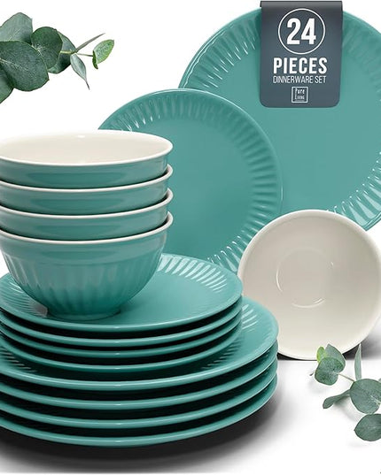 Stoneware Dinnerware Set for 8 People HYGGE 24-Piece - Elegant Scandi Design - Premium Dish Set - Bowl and Plate Set - Tableware for 8 People in a Ribbed Design - Pure Living in Green