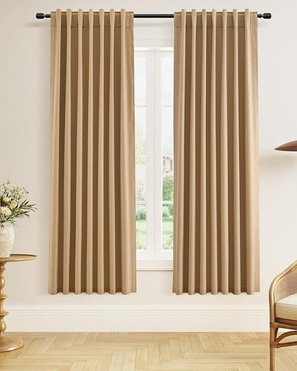Guken 100% Blackout Linen Curtains 72 Inch Length 2 Panels Set for Living Room Bedroom Back Tab Thermal Insulated Black Out Linen Drapes Room Darkening Window Curtains,Camel Brown