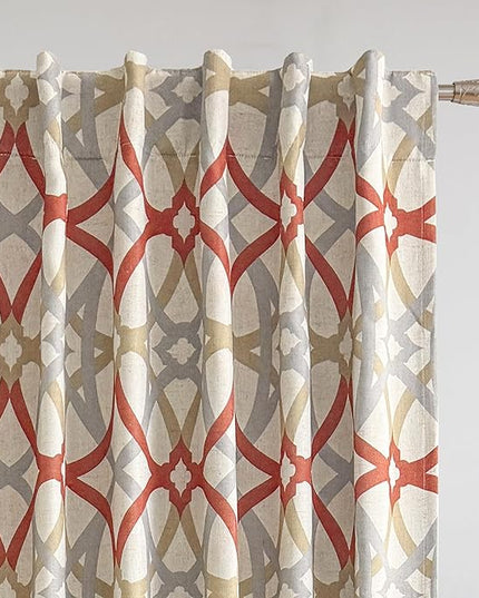 DriftAway Alexander 100% Blackout Curtains for Living Room Linen Blend Pattern Match Thermal Insulated Room Darkening Geo Moroccan Mid Century Back Tab Bedroom Drapes 2 Panels 52 x 96 Inch Linen Red