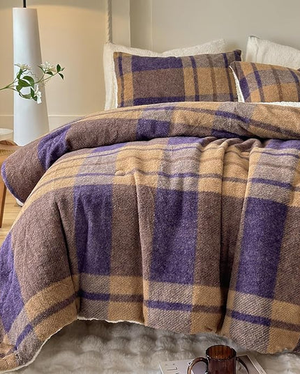 Cyusri Plaid Sherpa Comforter Set 3Pcs Fluffy Warm Fleece Down Alternative, Khaki Blue Grid Pattern Bedding Set with 2 Pillowcases, King Size 104"x90"