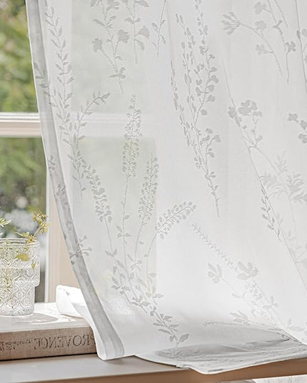 Anmao White Semi Sheer Light Filtering Curtains 96 Inches Long 2 Panels, Flower Pattern Drapes for Living Room Bedroom, Rod Pocket Sheer Window Treatments with Floral Design, 52x96 Inch