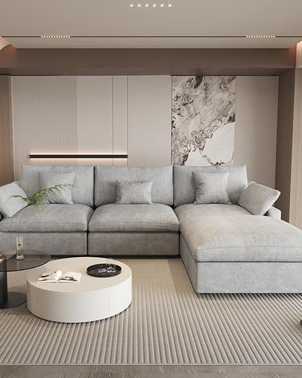 WJShome 120" Cloud Couch Sectional for Living Room, L Shape Down Filled Modular Sectional Sofa Couch,Convertible Couched with Ottoman, Sofa Covers Washable&Replaceable,Gray