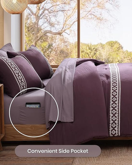 MaiRêve Embroidery Full Size Comforter Set Purple, Farmhouse Western Boho Bedding Set 7 Pieces, All Season Bed in A Bag Comforter Set with Sheets, Pillowcases & Shams