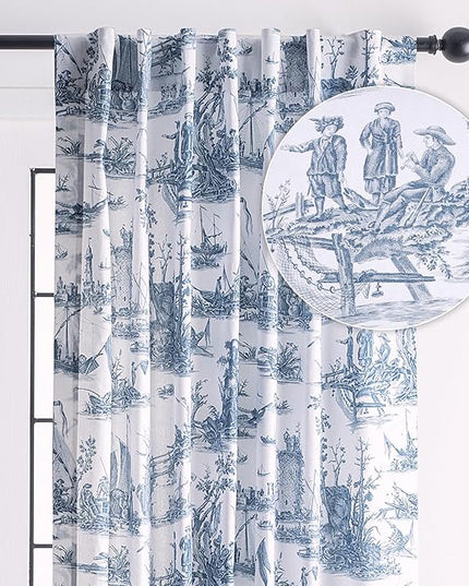 Maison d' Hermine Curtains for Living Room 100% Cotton 108 inch Length One Panel Light Filtering Toile Curtains for Bedroom with Rod and Loop Pockets (Calais Blue (White Background), 50" W x 108" L)