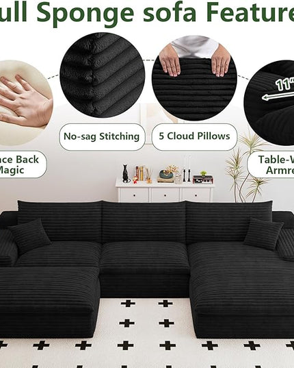 107" Cloud Couch Modular Sectional Sofa for Living Room, U-Shape Boneless Couch with Deep Seat, Modern Corduroy 3-Seater with Ottoman, No Assembly Required (Black,Right-Facing Chaise)