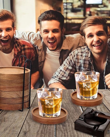Rustic Wooden Coasters Set of 8 Farmhouse Coffee Table Decor Acacia Wood Drink Coaster with Holder Modern Outdoor Bar Cool Cup Costers Kitchen Accessories Decoration Home Dining Coasters Gift