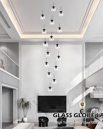KoKo&Yukina 16-Light Black Mid Century Modern Chandelier for Living Room Staircase Chandelier for Entryway Clear Globe Glass Chandelier High Ceiling Chandeliers Foyer Entryway (Bulb & Remote Incl.)