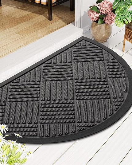 Smiry Half Circle Front Door Mat Outside Entrance, Heavy Duty Outdoor Indoor Natural Rubber Doormat, Non Slip, Trap Dirt and Moisture, Easy Clean, Low Profile Patio Porch Entryway Mat, 29.5x17, Grey