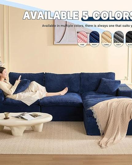 106.3” Sectional Couches for Living Room, Cloud Couch, Modular Sectional Sofa, Convertible Sofas Bed, Deep Seat Sofa, L Shaped Cozy Sofa Furniture Set, Corduroy, Blue