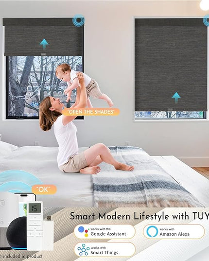 Persilux Smart Motorized Blinds with Remote, No Drill Automatic Roller Shades for Indoor Windows, Blackout Linen Fabric, Electric Blinds for Windows, Weave Blend Coal C162BO-8, Custom Size