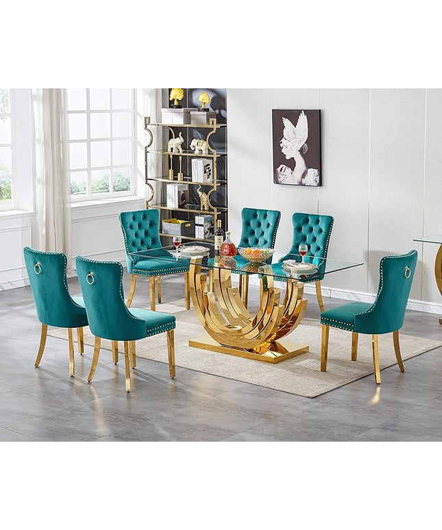 Henf 7-Piece Glass Dining Table Set with 6 Upholstered Dining Chairs, Large Gold Dining Table and Chair Set for 6, Modern Kitchen Table Furniture for Dining Room, Stainless Steel Base and Glass Top