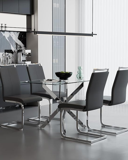 5 Piece Dining Table Table Set, Modern Tempered Glass Dining Table Set for 4 Kitchen Table Set with 4 Upholstered Chairs for Kitchen Dining Room (Sliver Table with Dark Grey Chairs)