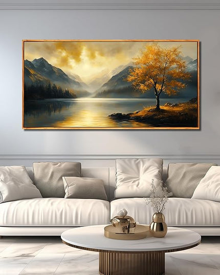 Scenery Picture Wall Art Landscape Canvas Art for Living Room Office Bedroom Yellow Lake Wall Decor Large Sunshine Forest Artwork 29" x 59"