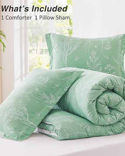 Love's cabin Sage Green Comforter Set Twin - Twin XL Size Comforter Set Dorm Bedding, 2 Pieces Cute Floral Bedding for Women, Soft Reversible Flowers Comforter, 1 Comforter & 1 Pillow Sham