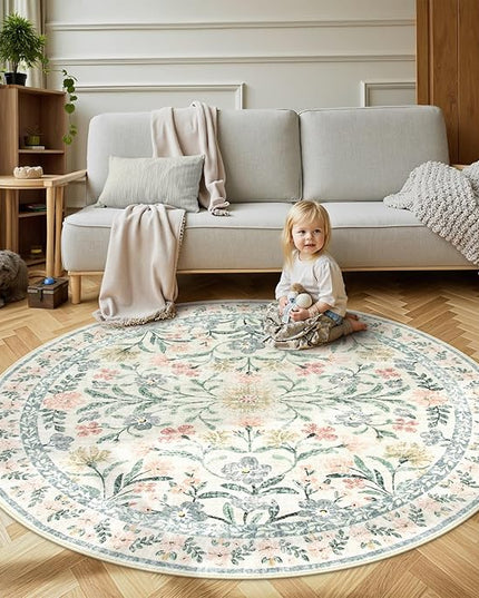 Wonnitar Floral Round Rugs 6ft, Boho Large Machine Washable Circle Rug, Low Pile Soft Flower Botanical Print Beige Round Carpet for Living Room Bedroom Dorm Sunroom