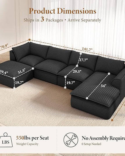Vesgantti 141.7" U Shaped Sectional Boneless Couch, Modern 6 Seater Modular Sofa with Chaise & Ottoman, Deep Seat Plush Corduroy Cloud Couches for Living Room, No Assembly Required, Dark Gray