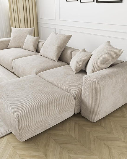 JACH Sectional Couch with 5 Pillows, Luxurious Modular Sectional Couch with Chaise Ottoman, Cushion Covers Removable, Corduroy Modern Soft Couches for Living Room, Office (Beige)