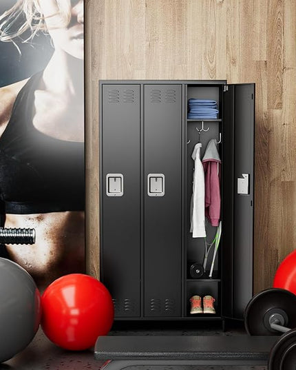 Aobabo Metal Lockers for Employees, 3 Doors Storage Locker with 9 Hooks for Office Home, Black, Assembly Required