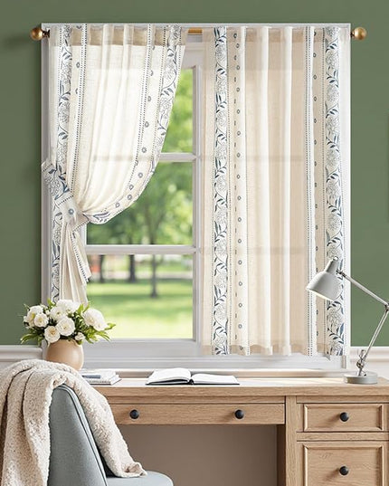 jinchan Winslow Linen Curtains 54 Inch Length Small Window Curtains Embroidered Bordered Floral Drapes Light Filtering for Bathroom Laundry Room Kitchen Farmhouse Decor Blue on Beige 2 Panels