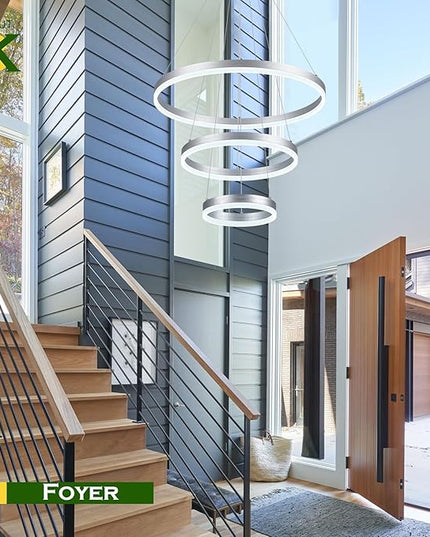 3-Rings D23.6 Modern LED Chandelier Silver Dimmable Pendant Lighting with Remote Control Circular Flush Mount High Ceiling Light for Dining Room Living Room Bedroom Entrance Foyer, 3000K-6500K