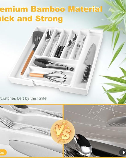 Large Premium Bamboo Silverware Organizer - Expandable Drawer Organizer & Utensil Organizer - 17"x19.7" Cutlery Tray with Dividers for Kitchen Utensils and Flatware (7-9 Slots) (White)