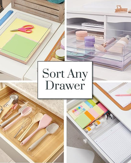 STORi SimpleSort 2-Piece Stackable Clear Drawer Organizer Set | 15" x 6" x 2" Rectangle Trays | Wide Makeup Vanity Storage Bins and Office Desk Drawer Dividers | Made in USA