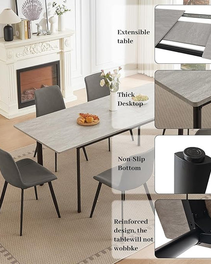 63"- 78.7" Extendable Dining Table Set for 6, Modern Kitchen Table with 6 Dining Chairs for 4-6 Person, Thickened Expandable Wooden Table with Metal Legs for Dining Room, Kitchen