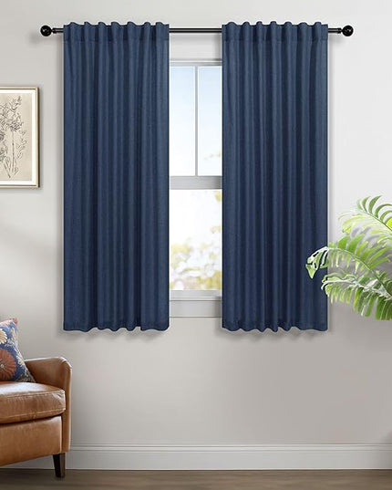 Pitalk Navy Curtains 54 Inch Length for Boys Nursery Room 2 Panels Back Tab Loop Pocket Indigo Blue Linen Farmhouse Nautical Short Light Filtering Curtains for Bedroom Bathroom Boho Decor 52x54 Long