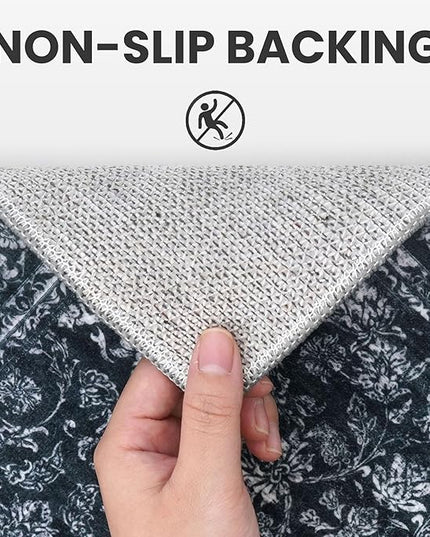 2x8 Washable Runner Rug for Hallways, Black Soft Classic Kitchen Rugs with Non-Slip, Non-Shedding Distressed Floral Carpet for Hallways Entryway Bedroom Bathroom Laundry Indoor