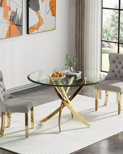HomVent Round Glass Dining Table Set for 2, Modern Tempered Glass Kitchen Table Set and Chairs, Round Glass Dining Room Table Set for Kitchen (Gold, 36 inch Gold Table with 2 Grey Chairs)